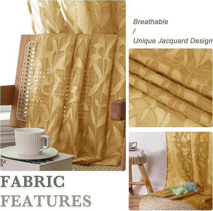Lecloud Leia Dark Gold Semi Sheer Curtains 45 Inch Length 2 Panels, Balance - Image 4