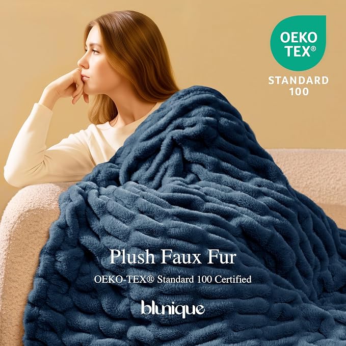 Ultra Soft Cozy Faux Fur Throw Blanket, Fuzzy Plush Thick Bubble Blanket - Image 2