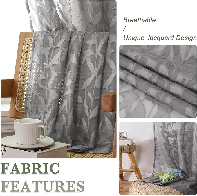 Lecloud Leia Charcoal Grey Sheer Curtains 90 Inches Long 2 Panels, Airy Leaf - Image 8