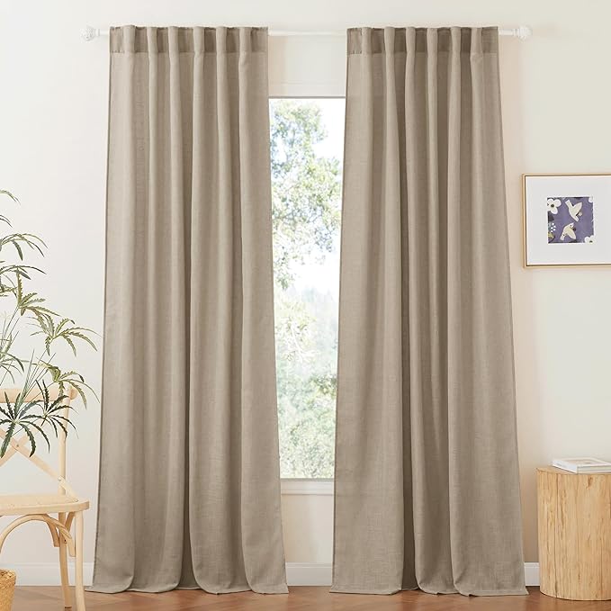RYB HOME Khaki Linen Curtains 95 inches, Rod Pocket & Back Tab Linen Blend Boho by RYBHOME