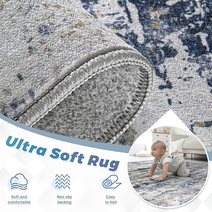 Area Rugs 10x14 Living Room: Washable Rug Modern Abstract Neutral Soft Non-Slip - Image 3