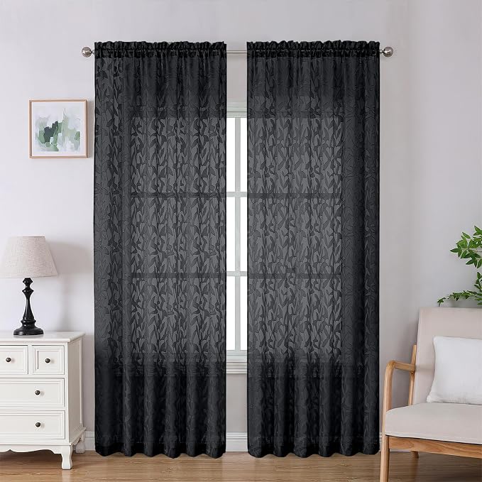 Lecloud Leia Black Sheer Curtains 90 Inches Long 2 Panels, Airy Leaf Textured by Lecloud