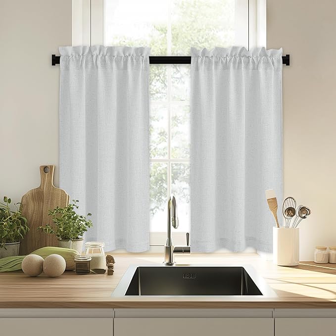 RYB HOME Bathroom Curtains Over Sink 36 inches Length, Linen Blend Semi Sheer - Image 7