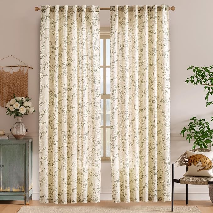 Lazzzy Green Floral Curtains 84 Inch Length Linen Farmhouse Curtain Back Tab - Image 2