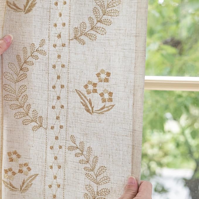jinchan Belrose Linen Curtains for Bedroom Floral Curtains 90 Inch Length Linen - Image 4