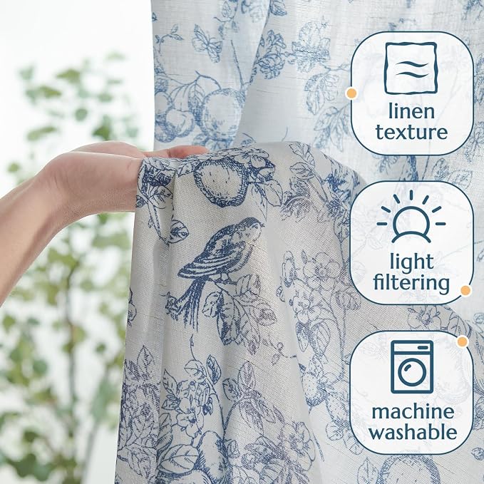 jinchan Linen Floral Curtains for Living Room 96 Inch Length Blue Printed - Image 3