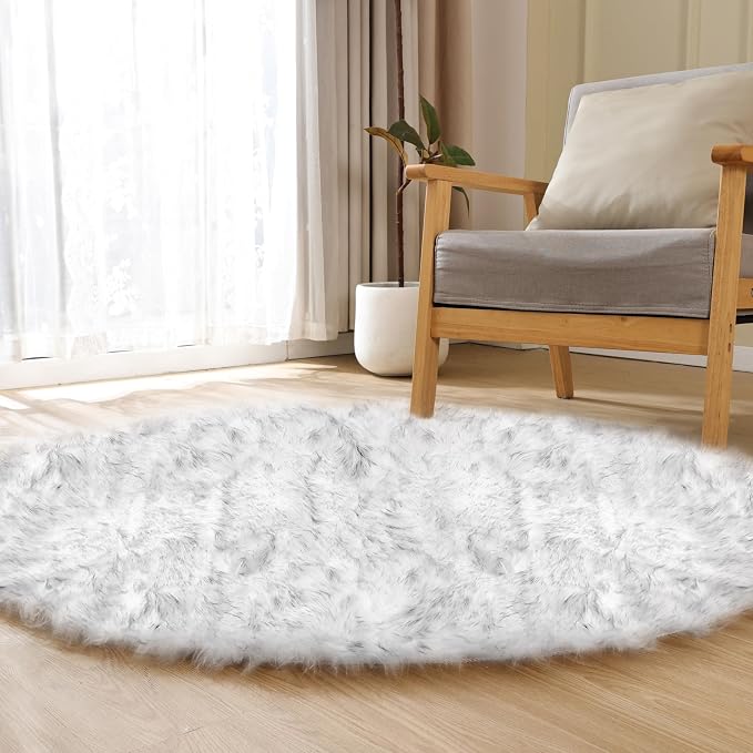 ORINOVA Grey and White Washable Shaggy Round Rug 5ft Circle Faux Sheepskin - Image 3