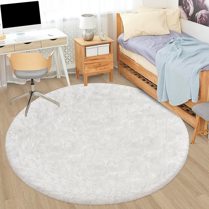 5x5 ft Tie Dye White Round Rug for Bedroom Room Fluffy Circle Rug Furry Carpet by JiaoBaba
