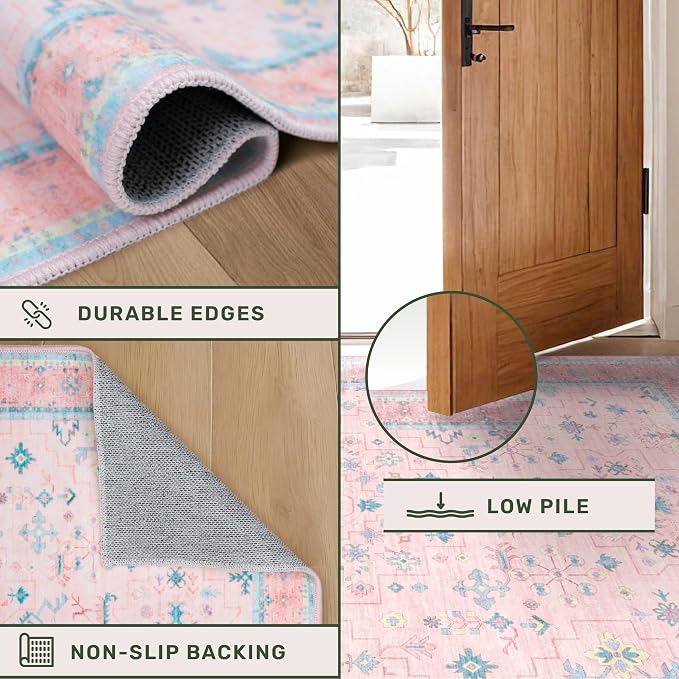 Hazo Haus Pink and Blue Washable 5x8 Living Room Rugs, Boho Aethestic Oushak - Image 5