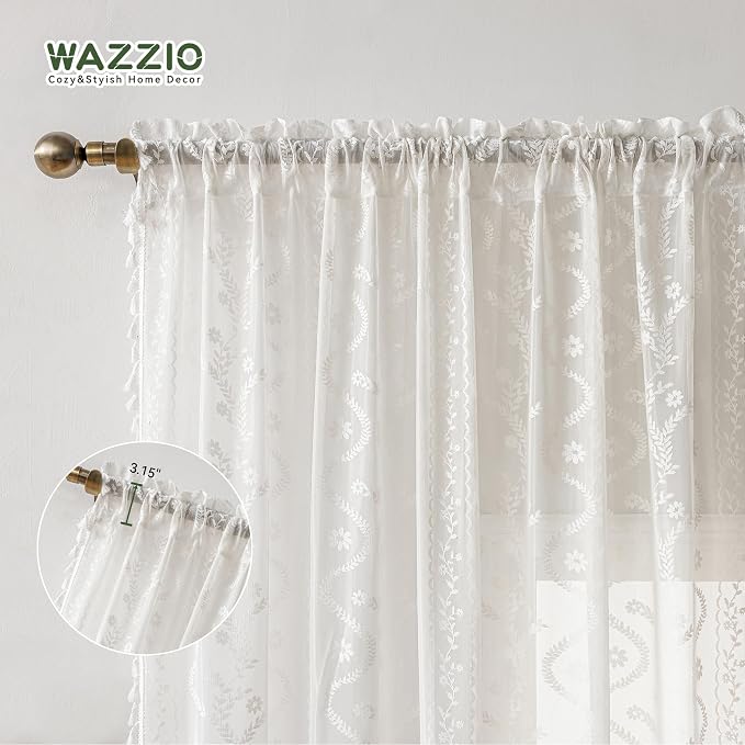 WAZZIO Boho Lace Curtains 2 Panels 63 Inches -Cute Vintage Victorian Sheer - Image 7