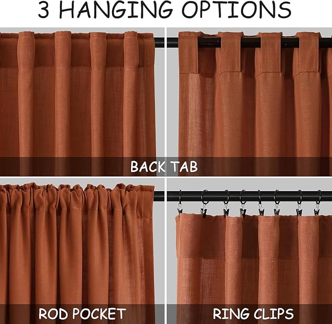 Nanspring Terracotta Linen Curtains 90 Inches Long 2 Panel Set Back Tab Boho - Image 2