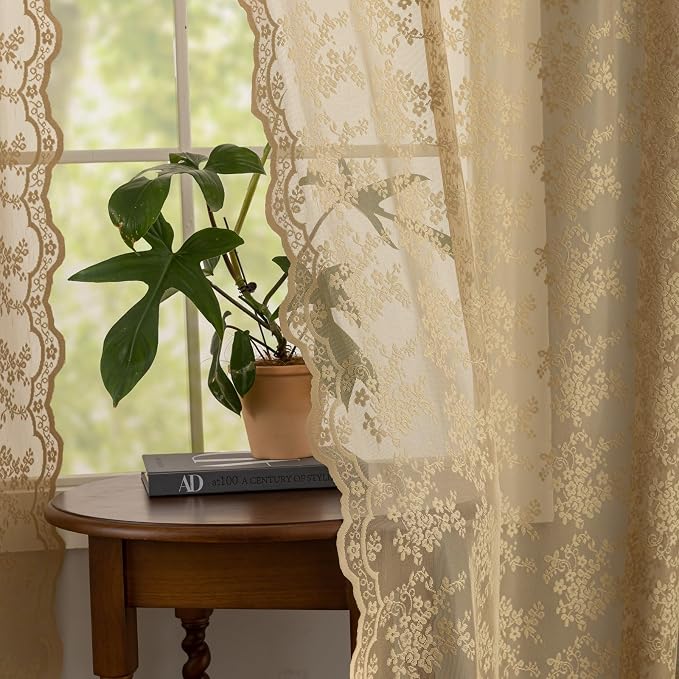 YJ YANJUN Vintage Lace Curtains 84 Inches Long-Victorian Floral Pattern Taupe - Image 4