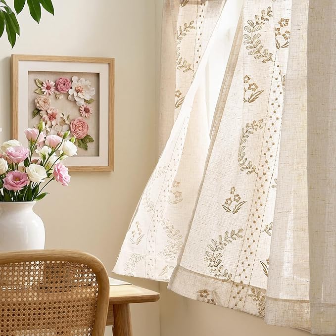 jinchan Belrose Linen Floral Kitchen Curtains 36 inch Length Embroidered - Image 4