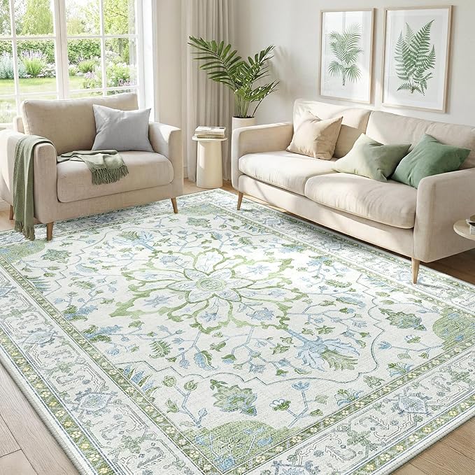 RELEANY Area Rugs 5'x7' Washable Non-Slip, Floral Vintage Distress Print by RELEANY