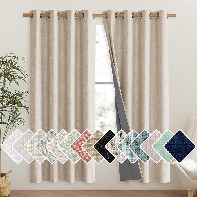 NICETOWN Cream Bedroom Full Blackout Linen Curtain Panels Set of 2, Thick by NICETOWN