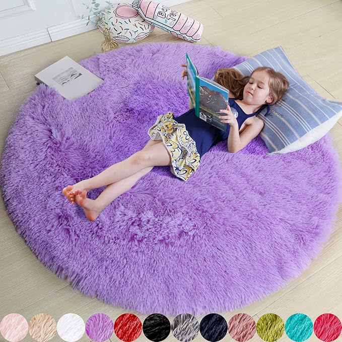 Amdrebio Purple Round Rugs 4Ft for Girls Bedroom Decor Aesthetic, Fluffy Fuzzy by Amdrebio