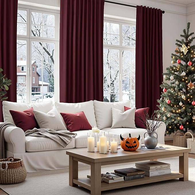 Burgundy 100% Blackout Linen Curtains 72 Inch Length 2 Panels Set - Image 9