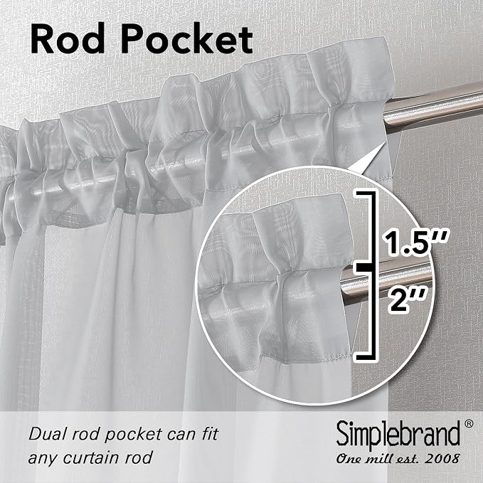 Simplebrand Light Grey Sheer Curtains 63 Inch Length 2 Panels, Rod Pocket Solid - Image 2
