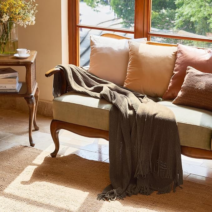 lifein Throw Blanket for Couch, Soft Boho Decor Bed Throw, Cozy Brown Knitted - Image 8