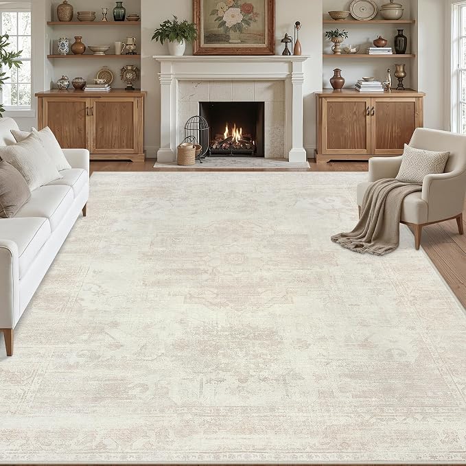 Area Rugs 9x12 Living Room: Vintage Boho Neutral Washable Rug Indoor Soft Large by Luxturiy
