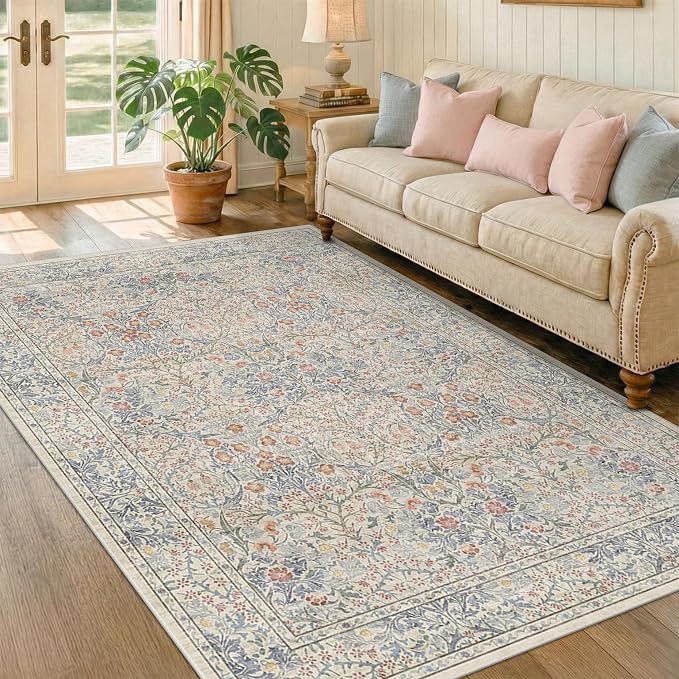 Beige Blue Living Room Rug 5x7, Cottage Area Rug - Image 6