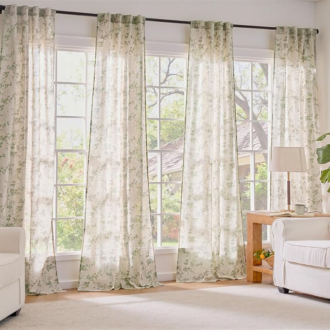 Lazzzy Farmhouse Linen Curtains Extra Long Green Floral Curtains 108 Inch - Image 7