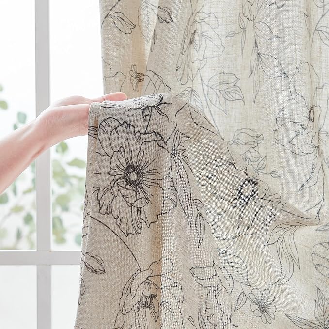 jinchan Linen Floral Curtains for Living Room 84 Inch Length Grey Flower - Image 6