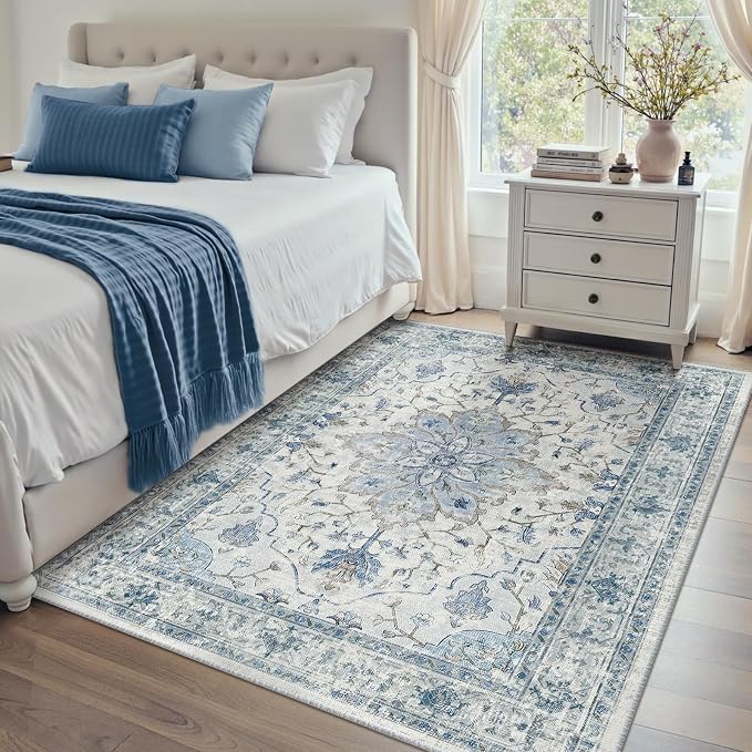 Area Rugs 4'x6' Washable Non-Slip, Floral Vintage Distress Print Pattern - Image 8