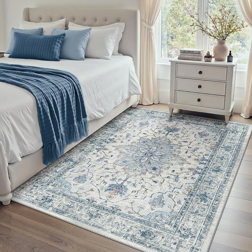 Area Rugs 4'x5' Washable Non-Slip, Floral Vintage Distress Print Pattern - Image 2