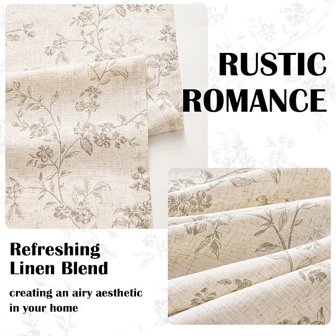 Lazzzy Grey Floral Linen Curtains 84 Inch Farmhouse Back Tab Drapes - Image 3