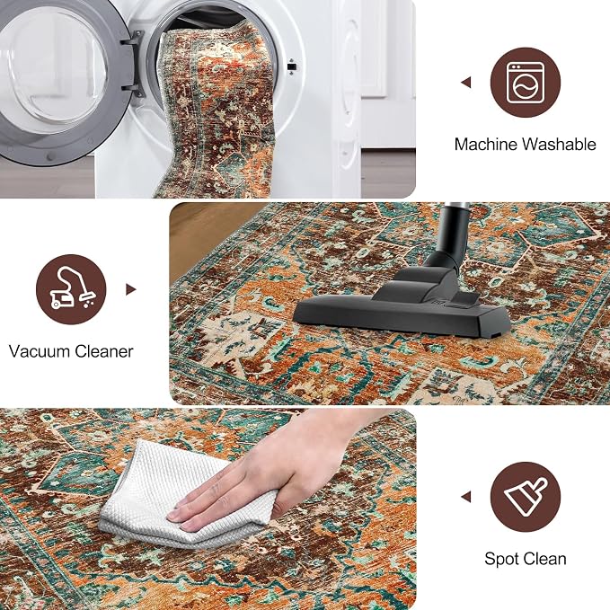 Washable Runner Rug, Stain Resistant & Low Pile Faux Wool Distressed Carpet - Image 4