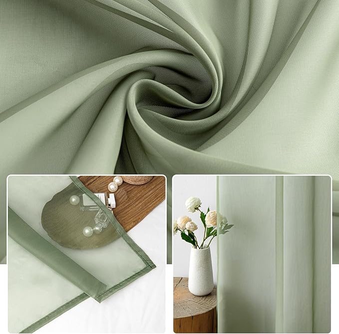 MIULEE 2 Panels Sage Green Sheer Curtains 90 inches Long Window Curtains Rod - Image 3