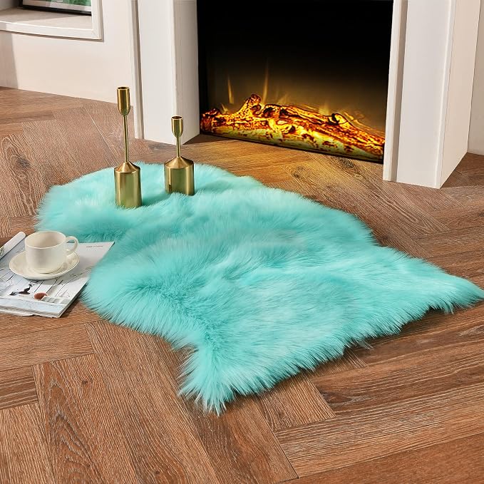 duduta Turquoise Blue Sheepskin Throw Rug 2x3 ft, Fluffy Shag Faux Fur Chair by duduta