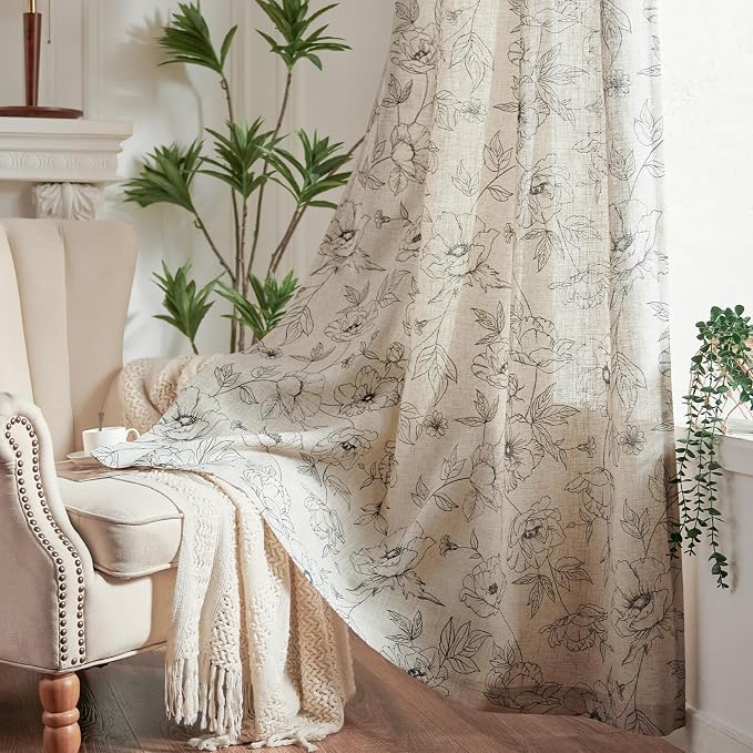 jinchan Linen Floral Curtains for Living Room 84 Inch Length Grey Flower - Image 8