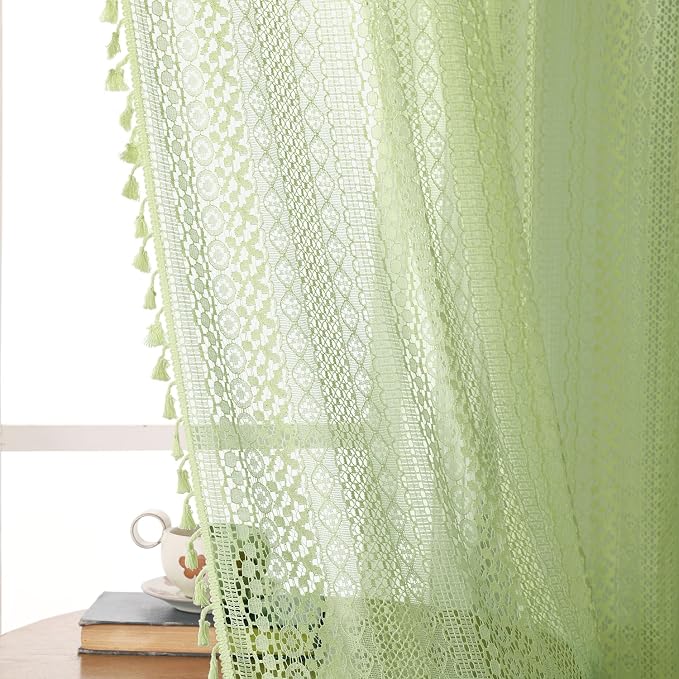 WAZZIO Boho Lace Curtains 84 Inches 2 Panel, Light Filtering Privacy Tassel & - Image 4