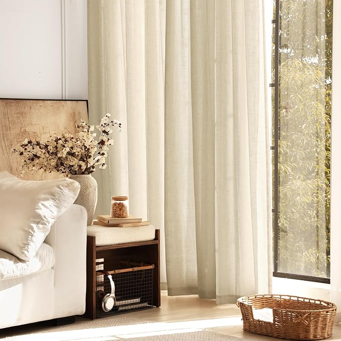 Greyish Beige Linen Curtain 108 inch Length 2 Panels Set Back Tab Light - Image 6