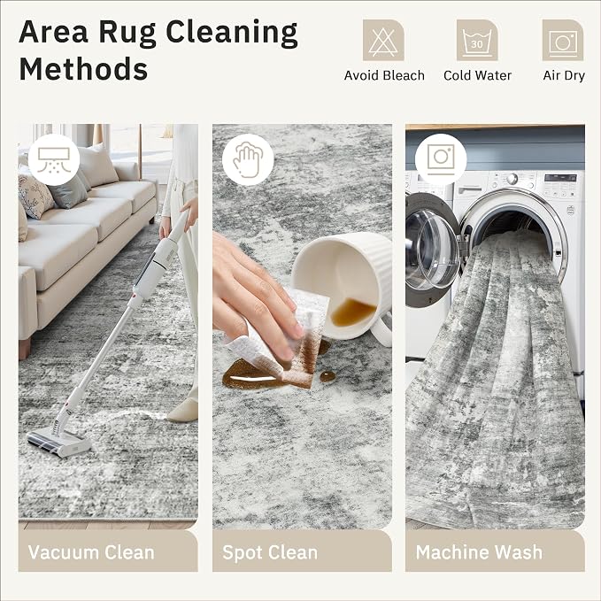 Abstract Rug 5x7 Machine Washable Area Indoor Grey White Low Pile Non-Slip - Image 9