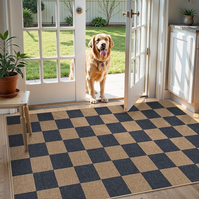 Lahome Colette Checkered Easy Jute Indoor Outdoor Carpet, 3x5 Washable Rugs - Image 2
