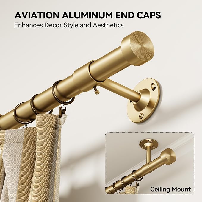 YaFex 2 Pack Heavy Duty Curtain Rods 32-90 Inch, 1 Inch Adjustable Gold Curtain - Image 2