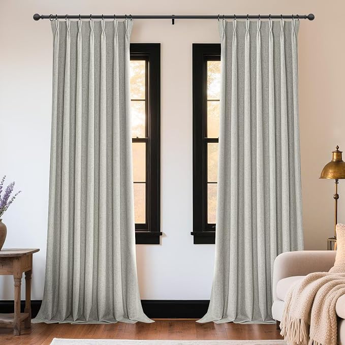 Joydeco Greyish White Pinch Pleated Thick Linen Curtains 84 Inch Long 2 Panel - Image 2