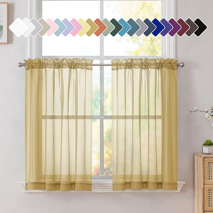 Simplebrand Gold Short Sheer Kitchen Cafe Curtains 36 x 36 Inch, 2 Panels by Simplebrand