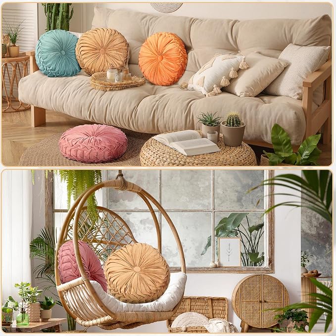 Kathfly Set of 4 Decorative Round Pleated Throw Pillows, Classy Velvet Pumpkin - Image 5