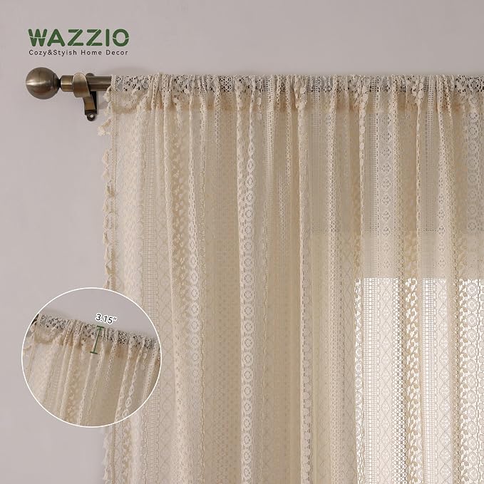 WAZZIO Boho Lace Curtains 108 Inch 2 Panel, Light Filtering Privacy Tassel & - Image 6