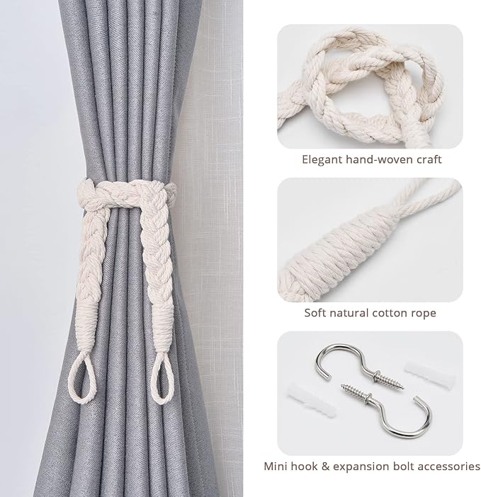 NICEEC 4 Pack Natural Cotton Rope Curtain Tiebacks Elegant Boho Style - Image 2