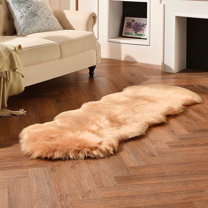 duduta Beige Faux Sheepskin Runner Rugs 2x6 ft, Fluffy Shag Bedroom Rug Fur - Image 6