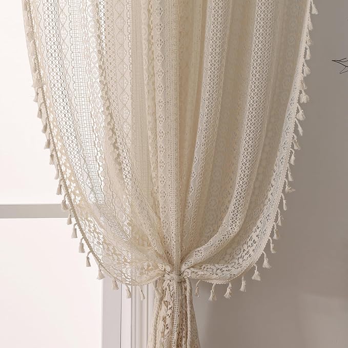 WAZZIO Boho Lace Curtains 90 Inches 2 Panel, Light Filtering Privacy Tassel & by WAZZIO