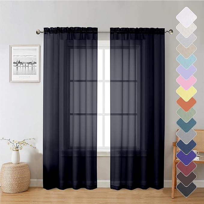 Lecloud Black Sheer Curtain Panels 72 Inch Length, Light Filtering Window by Lecloud