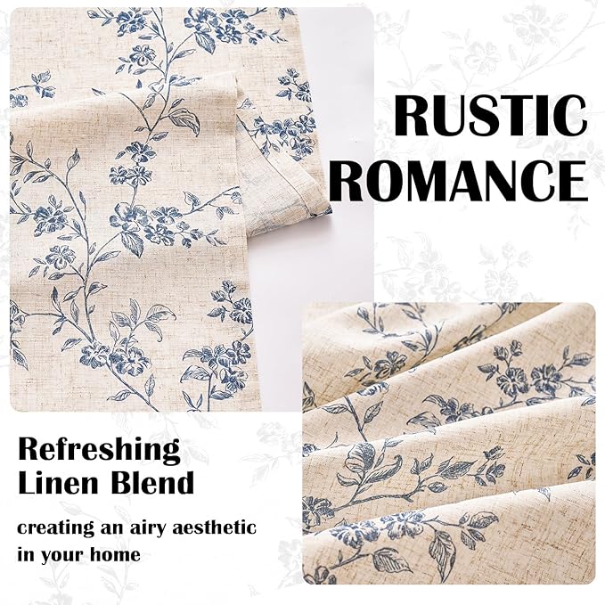 Lazzzy Blue Floral Linen Curtains 84 Inch Length Farmhouse Curtain Back Tab - Image 4