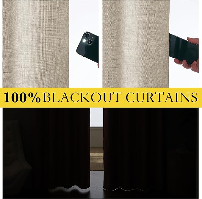NICETOWN Taupe 100% Blackout Linen Curtains 84 inch Long Burg, Farmhouse Thick - Image 2