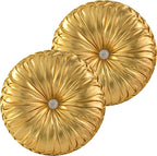 HIG Set of 2 Handcrafted Gold Ruched Round Throw Pillows – 14.5’’ Metallic - Image 2